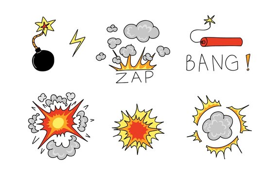 Comic explosion set. Bomb explosion, meteorite fall, smoke cloud and fire flash. Atomic boom or dynamite detonation, doodle style, vector cartoon hand drawn color isolated illustration