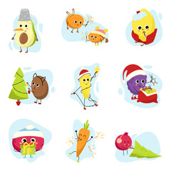 Big set of fruit characters. Fruits, berries and vegetables on winter vacation. Collection of mascots for greeting cards, Christmas and New Year promotions. Holiday household chores.