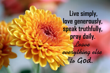 Positive life inspirational words - Live simply, love generously, speak truthfully, pray daily. Leave everything else to God. With orange daisy flower background.
