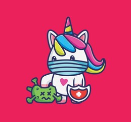 cute unicorn pink hit a corona virus mask. cartoon animal nature concept Isolated illustration. Flat Style suitable for Sticker Icon Design Premium Logo vector. Mascot Character