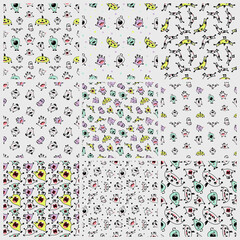 Big set of seamless patterns with monsters. Funny prints for children's clothes, wallpaper for kids bedroom and bedding. Design ornaments of school products, packaging of baby goods.