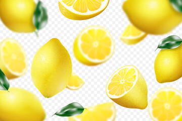 Flying whole and sliced lemons with blur effect in the background. Realistic 3d vector on a white background