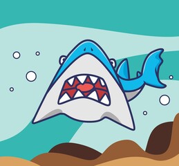 Cute cartoon shark open his big mouth on underwater sea with sharp teeth. Animal Isolated Flat Style Icon illustration Premium Vector Logo Sticker Mascot