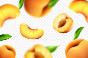 Flying peaches on white background. Vector 3d realistic illustration with blur effect
