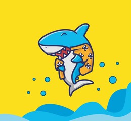 cute shark jumping above the sea. cartoon animal travel holiday vacation summer concept Isolated illustration. Flat Style suitable for Sticker Icon Design Premium Logo vector. Mascot Character