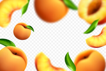 Flying peaches on white background. Vector 3d realistic illustration with blur effect