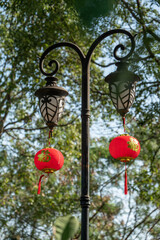 Fototapeta na wymiar Red lanterns are hung on the trees under the blue sky, with the Chinese word 
