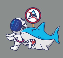 cute astronaut attack by shark. cartoon animal travel holiday vacation summer concept Isolated illustration. Flat Style suitable for Sticker Icon Design Premium Logo vector. Mascot Character