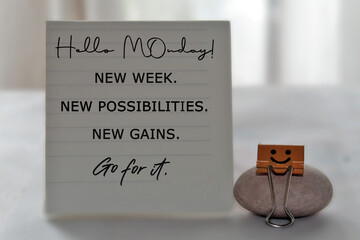 Monday concept with text message on notepaper - Hello Monday. New week. New possibilities. New...