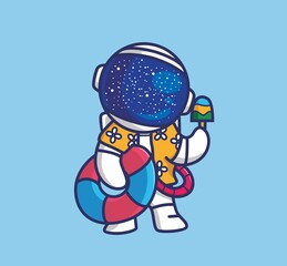 cute astronaut holding lifebuoy eat ice cream. cartoon travel holiday vacation summer concept Isolated illustration. Flat Style suitable for Sticker Icon Design Premium Logo vector. Mascot Character