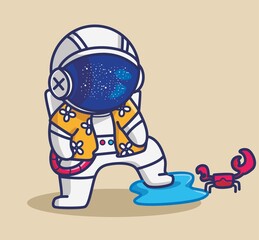 cute astronaut play with crab. cartoon travel holiday vacation summer concept Isolated illustration. Flat Style suitable for Sticker Icon Design Premium Logo vector. Mascot Character