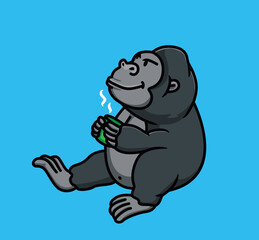 cute cartoon gorilla animal drinking a cup of coffee. Isolated Flat Style Sticker Web Design Icon illustration Premium Vector Logo mascot character