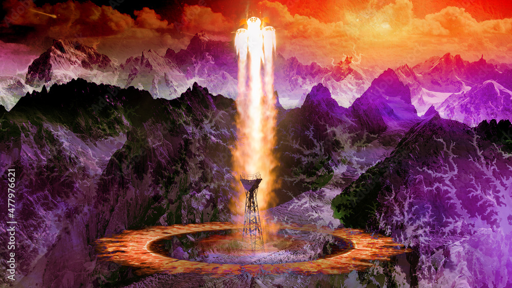 Canvas Prints cosmodrome with take-off site on alien planet among the mountains. elements of this image furnished 