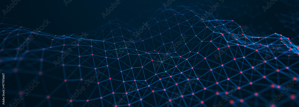 Fototapete Corrupted network or connection. Abstract digital background of points and lines. Glowing plexus. Big data. Abstract technology science background. 3d rendering