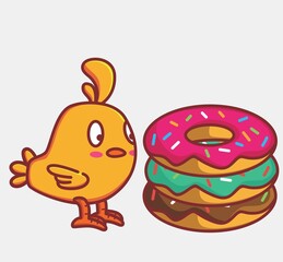 cute chicked eating a giant donuts pile. Animal cartoon Isolated Flat Style Sticker Web Design Icon illustration Premium Vector Logo mascot character