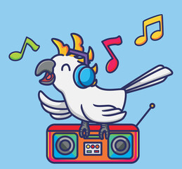 Cute illustration parrot bird listening a music sing a song with headphone. Animal Isolated Cartoon Flat Style Icon Premium Vector Logo Sticker Mascot