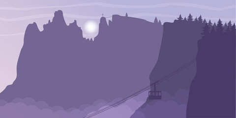 mountains silhouette forest rocks cable car top
