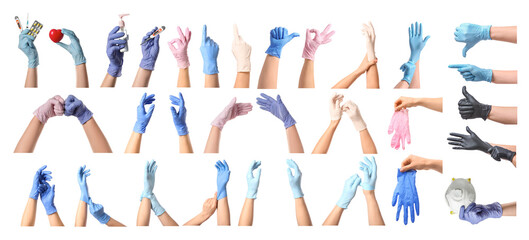 Hands of doctors in rubber gloves on white background
