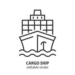 Cargo ship line vector icon. Sea tanker sign. Symbol of logistic and delivery. Editable stroke.