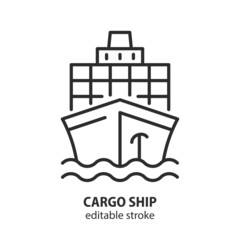Naklejka premium Cargo ship line vector icon. Sea tanker sign. Symbol of logistic and delivery. Editable stroke.