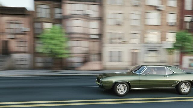Retro car drives through the streets. Classic Sports Car driving on the city. 3d animation