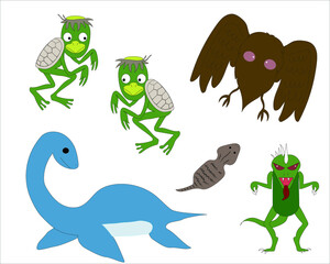 河童、チュパカブラ、ネッシー、ツチノコ、モスマンモンスターのイラスト