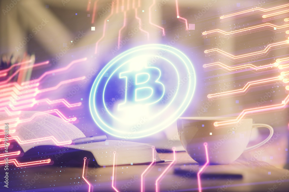 Poster double exposure of crypto technology drawing and desktop with coffee and items on table background. 