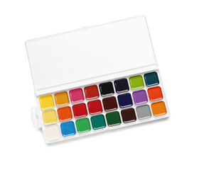 Plastic box with watercolor paints on white background
