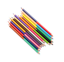 Many color pencils on white background