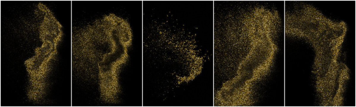 Set of Gold Glitter Halftone Dotted Backdrop. Abstract Circular Retro Pattern. Pop Art Style Background. Golden Explosion of Confetti. Digitally Generated Image. Vector Illustration, EPS 10.  
