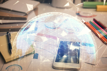 Double exposure of financial theme drawing and cell phone background. Concept of business