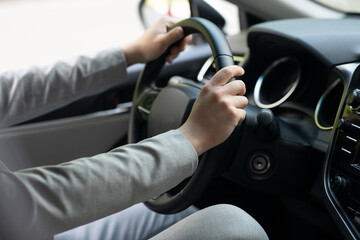 Naklejka premium Driver work, travel and road to office in new normal car in city