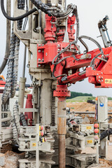 Drilling rig close-up at a construction site. Deep hole drilling. Extraction of minerals oil and gas. Working process.