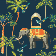Vintage palm tree, bird, indian elephant seamless pattern dark background. Exotic floral wallpaper.