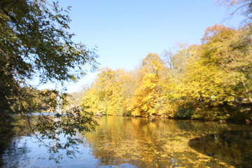 Fototapeta na wymiar Blurred view of pond in beautiful autumn park