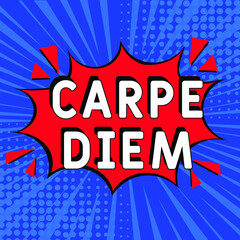 Carpe Diem.  It can be used for website design, t-shirt, phone case, poster, mug etc. Comic book explosion with text Carpe Diem, vector illustration. Carpe Diem in comic pop art style. 