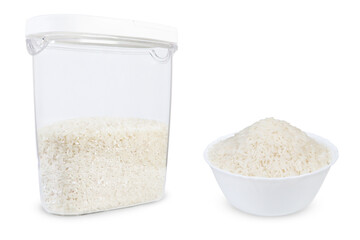 Rice on an isolated white background. Rice in a white bowl and a transparent container. Set of containers with rice