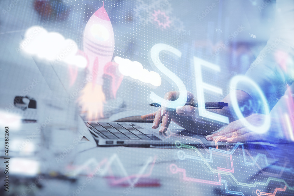 Poster double exposure of woman hands working on computer and seo hologram drawing. internet search concept
