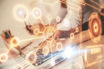 Double exposure of woman hands typing on computer and social network theme hologram drawing. People media concept.
