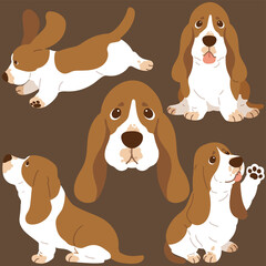 Simple and adorable flat colored illustrations of Basset Hound