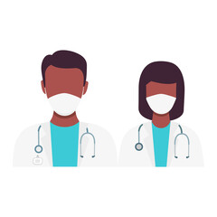 Doctor and nurse characters with black skin wearing medical masks. Medicine support concept. Vector isolated on white.