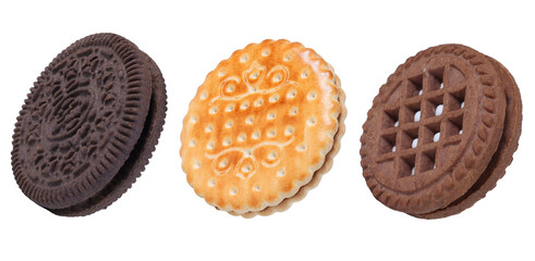Set of cookies on an isolated white background. Sandwich or biscuit cookies