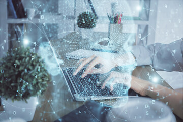 Double exposure of woman hands working on computer and brain hologram drawing. Ai concept.