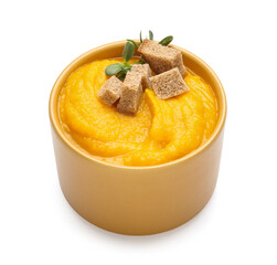 Bowl of tasty pumpkin cream soup on white background