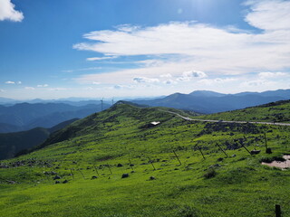 四国カルストの青空と牧場風景