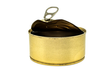 Empty tin can with an open lid on a white background close-up. Tin Can Isolate