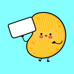 Cute funny chips with poster. Vector hand drawn cartoon kawaii character illustration icon. Isolated on blue background. Chips think concept