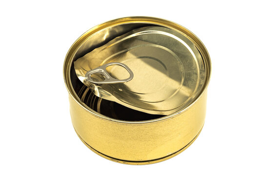 Empty tin can with an open lid on a white background close-up. Tin Can Isolate