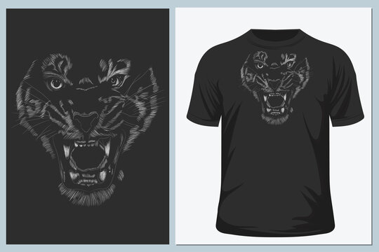 The Vector logo tiger for T-shirt design. Hunting style big cat print on black background.