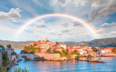 Beautiful cityscape on the mountains with amazing rainbow -  Black-sea, Amasra